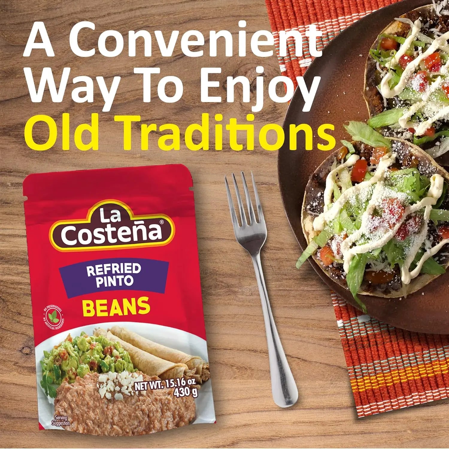 Beans - La Costeña Refried Pinto, 15.16 Oz Microwaveable Pouch (8Pk) La Costeña