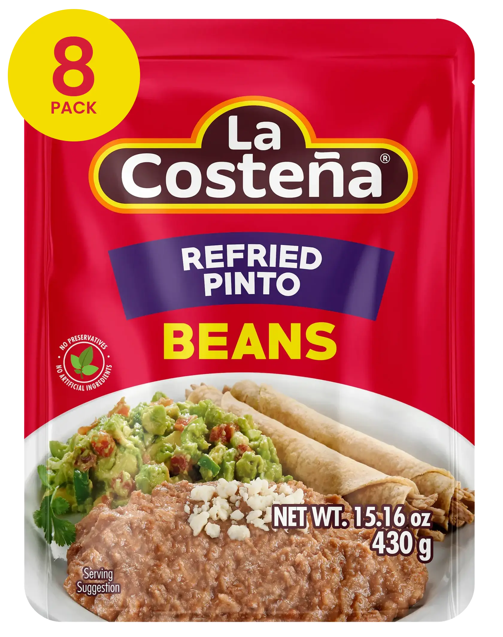 Beans - La Costeña Refried Pinto, 15.16 Oz Microwaveable Pouch (8Pk) La Costeña