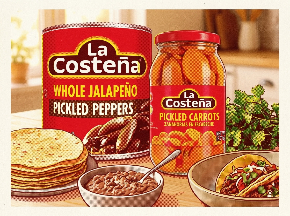 A bright kitchen table with Mexican pantry staples and an everyday meal