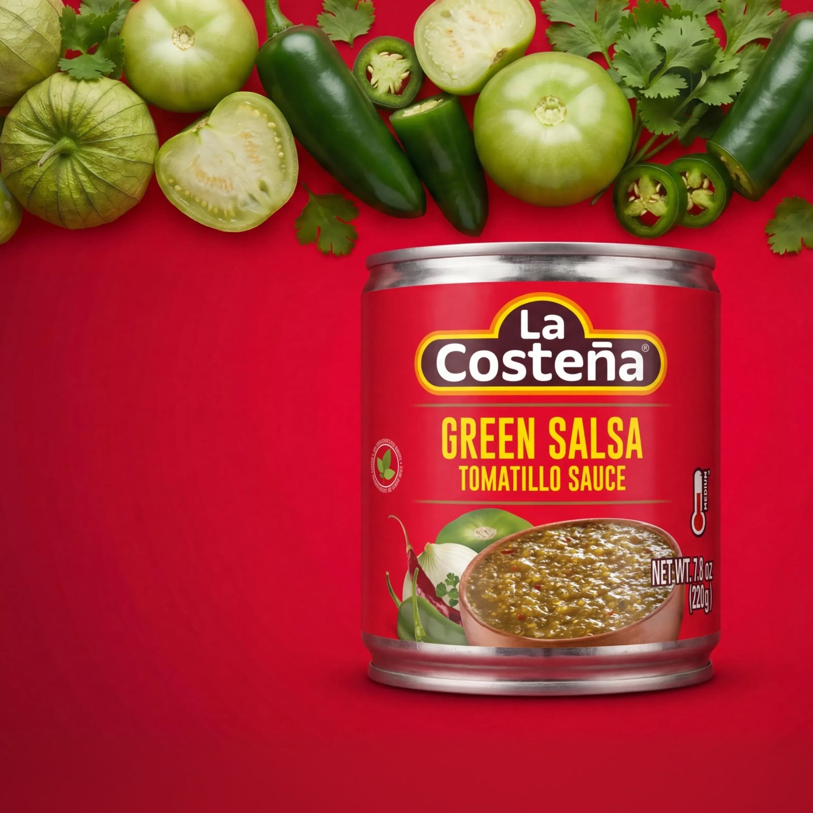 La Costeña green salsa can with tomatillos, jalapeños, and cilantro