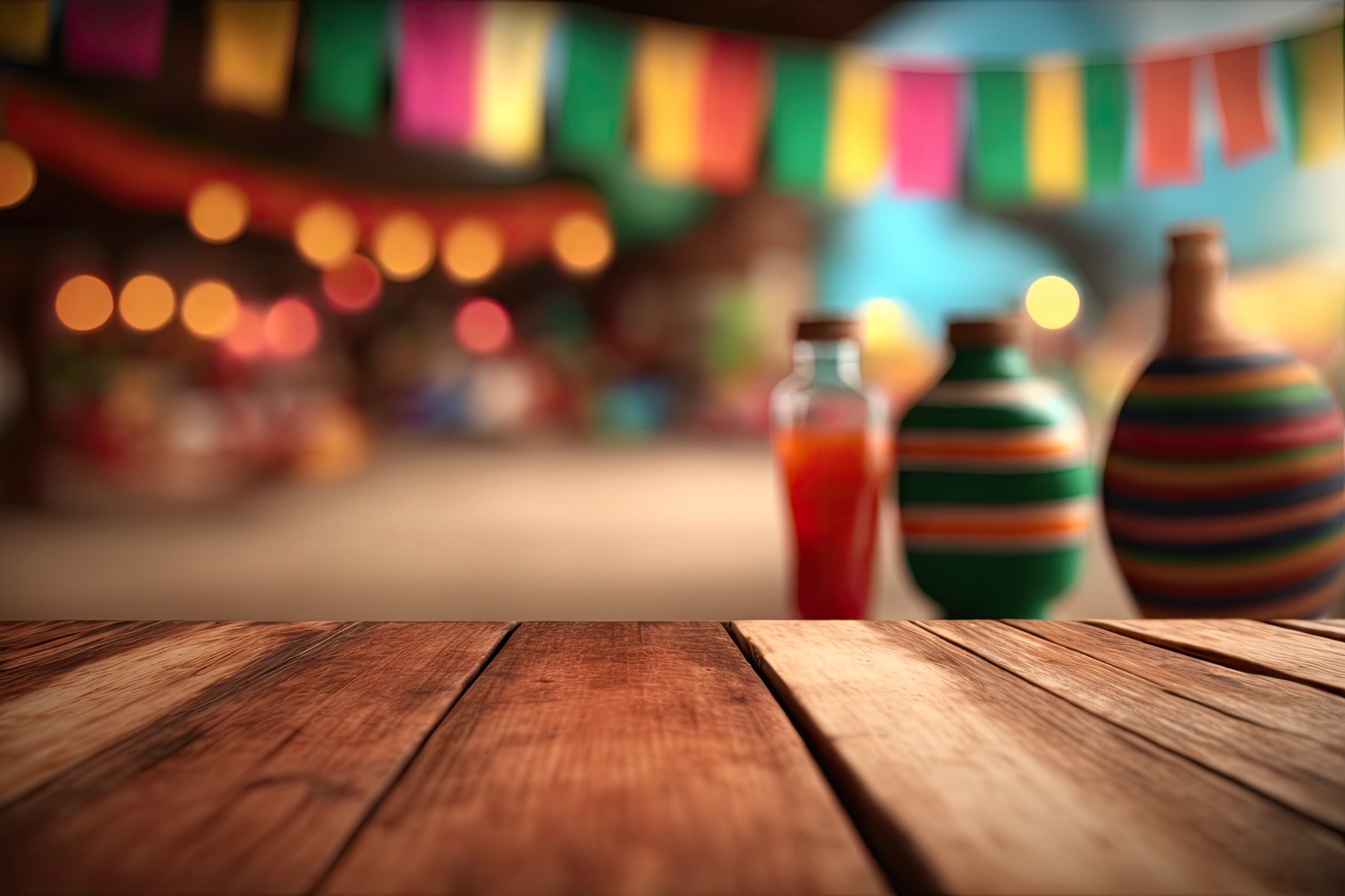 Colorful Mexican market setting with pottery and festive banners
